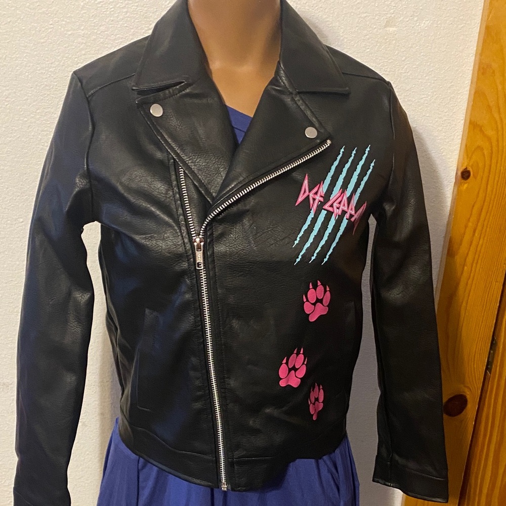 Girls Black Def Leppard faux Leather Jacket with Pink Paw Prints 10/12